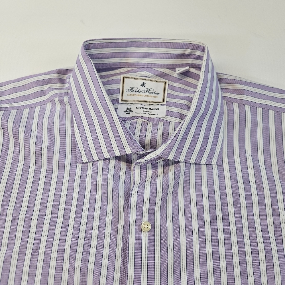 Brooks Brothers Thomas Mason Shirt Mens 17.5 33 Purple & White Striped Madison